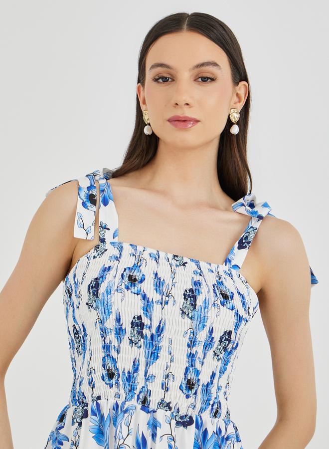 Take Two Floral Print A-Line Smocking Detail Maxi Dress - Image 4