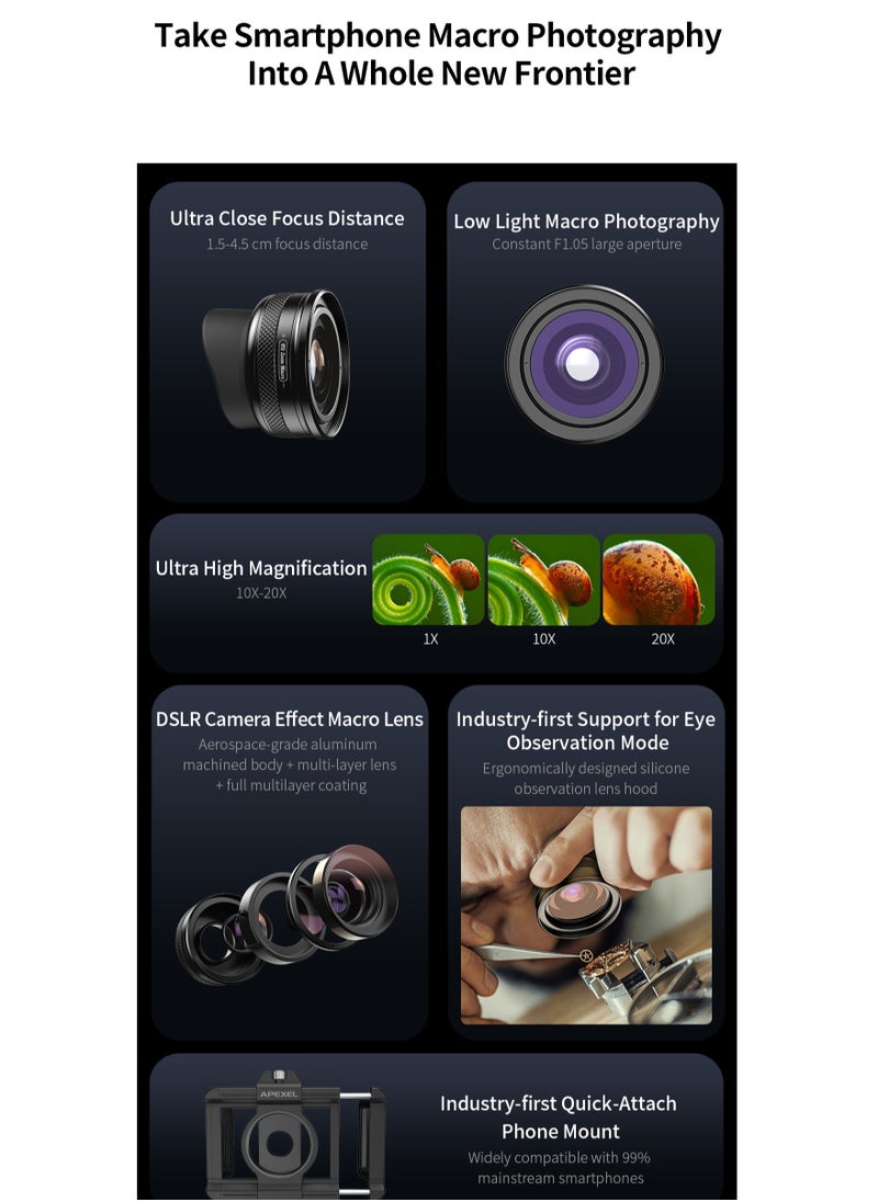APEXEL - ZM100MM Machine lens Eye Observation Mode Zoom Macro Zoom In Epic For Macro Universal Clamp Micro Lenses For Samsung Iphone And All Smartphones - Image 1