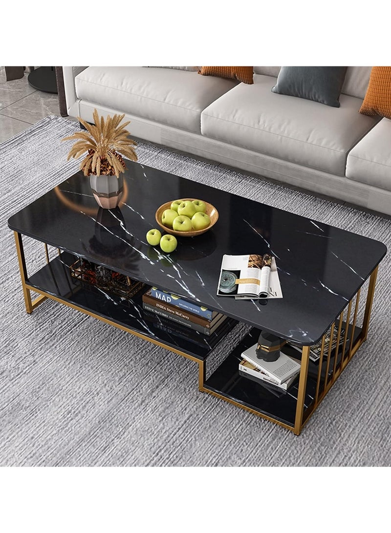 DubaiGallery Simple and modern marble pattern top coffee table with gold metal frame Two tiers of shelving space for storage and display Suitable for use in living room - Image 3