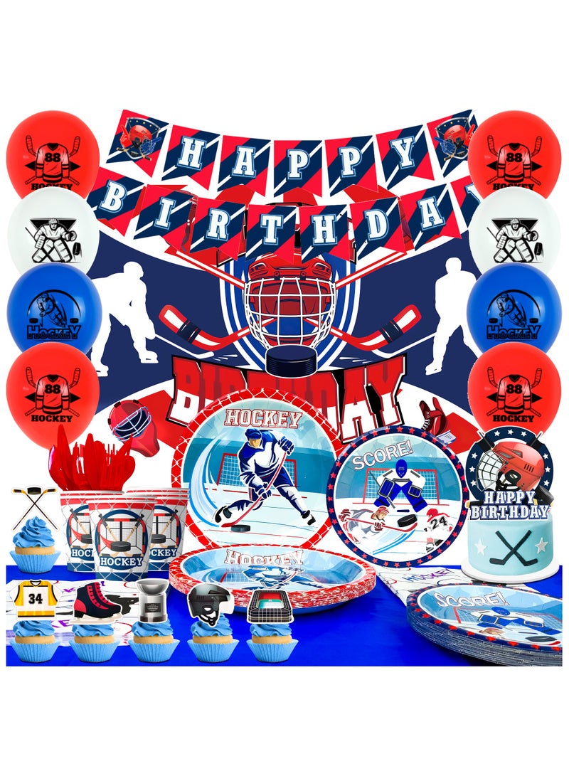 FRUITFUL PARTY Hockey Birthday Decorations, 168 Pcs Hockey Party Decorations & Hockey Tableware Set - Hockey Party Balloons Banner Backdrop & Hockey Plates Napkins Tablecloth etc Ice Hockey Birthday Party Supplies - Image 1
