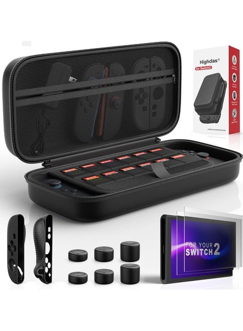 Protection Bundle for Nintendo Switch 2, Switch 2 Accessories with Console Carrying Case, 2x Tempered Glass Screen Protectors, 2x Joy-Con Controller Cases, 6x Anti-Slip Thumb Grip Caps, All-in-One Travel Kit
