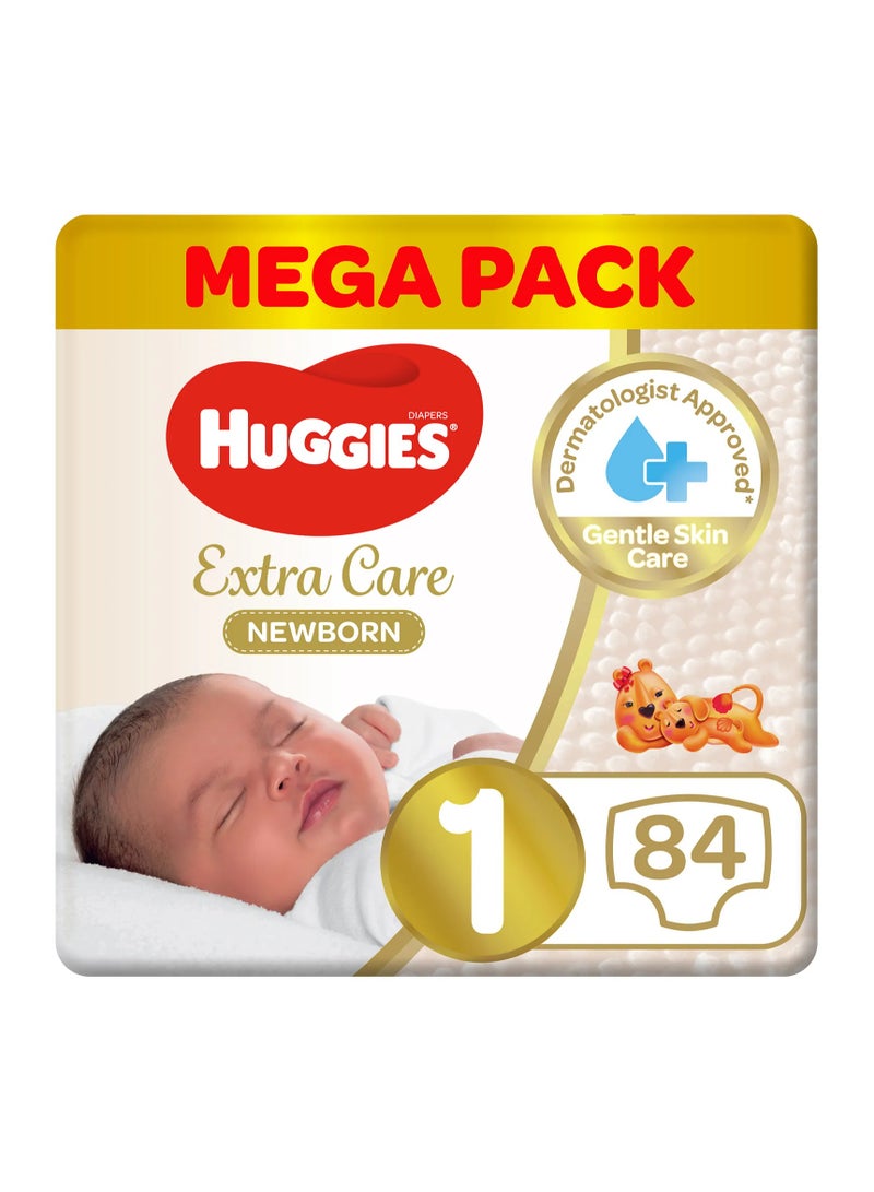 HUGGIES حفاضات هاجيز إكسترا كير للمواليد الجدد بنمط الشريط، 84 قطعة، عبوة ضخمة، الحجم 1، من 0 إلى 5 كجم - حماية لمدة 12 ساعة، معتمدة من أطباء الجلد، قابلة للتنفس - Image 1