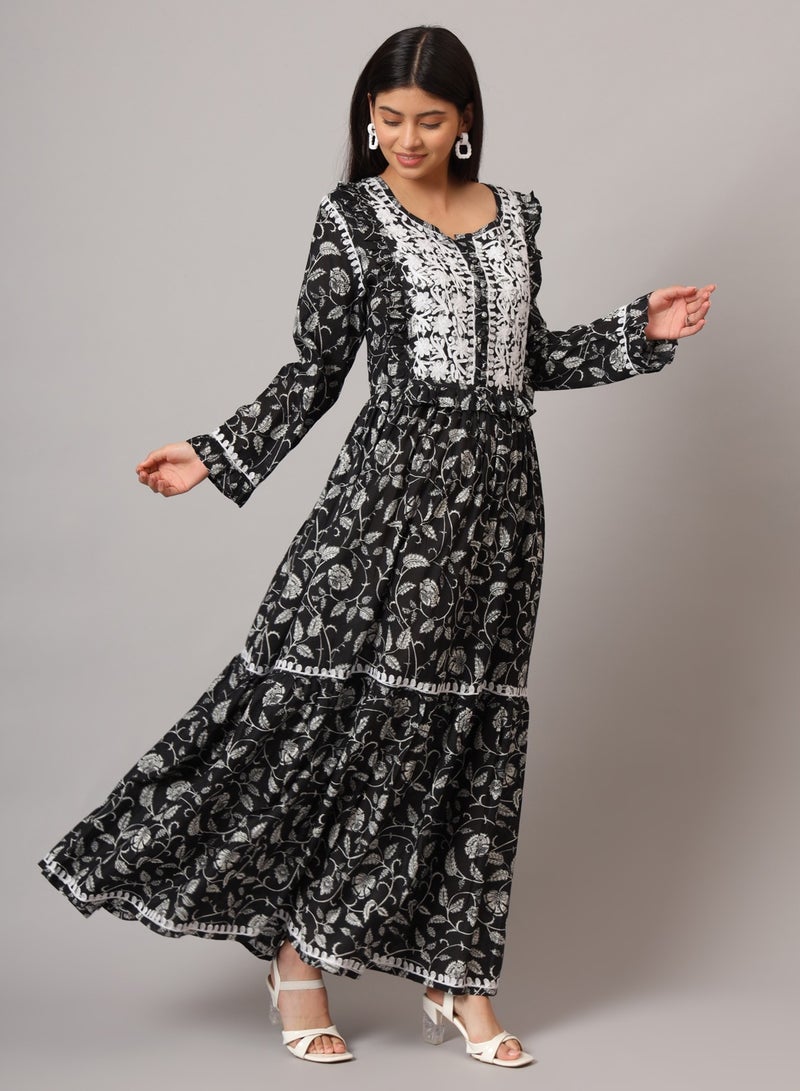الايا جلابية شيكانكاري مطرزة يدوياً على شكل حرف أ من القطن مولمول-AL3941  - Image 4