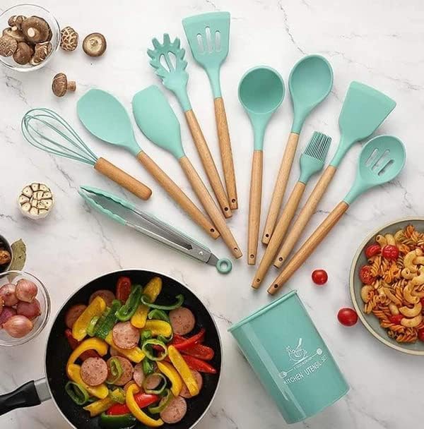 Foxelli Wooden Handle Cooking Tools 11 Pieces of Silicone Cooking Kitchen Utensils Set with Stand BPA Free NonToxic Turner Pliers Spatula Spoon Kitchen Gadget Suit for NonStick Cookware Gifts Green - Image 4