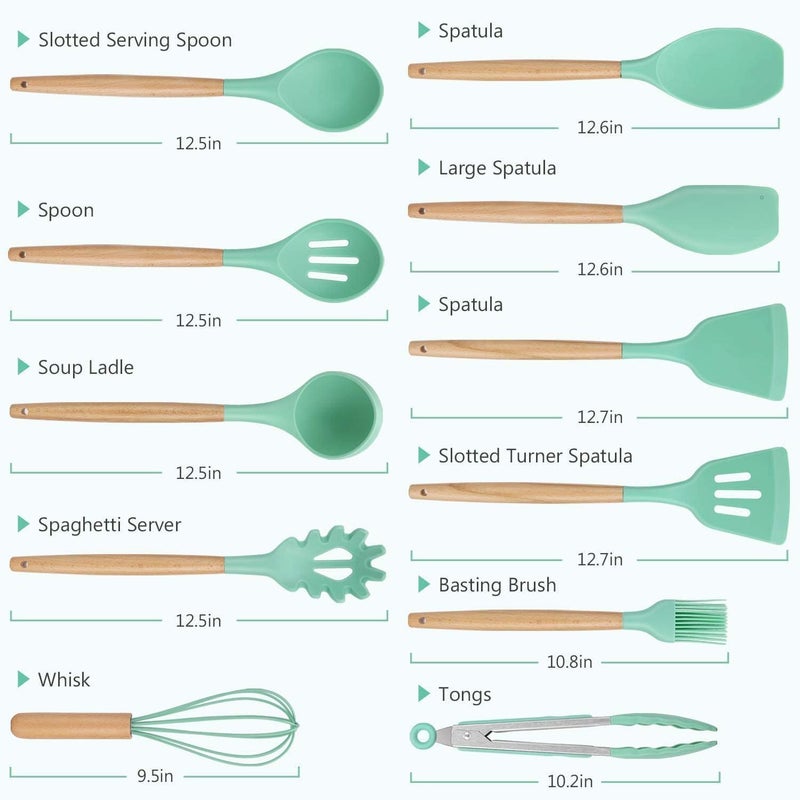 Foxelli Wooden Handle Cooking Tools 11 Pieces of Silicone Cooking Kitchen Utensils Set with Stand BPA Free NonToxic Turner Pliers Spatula Spoon Kitchen Gadget Suit for NonStick Cookware Gifts Green - Image 2