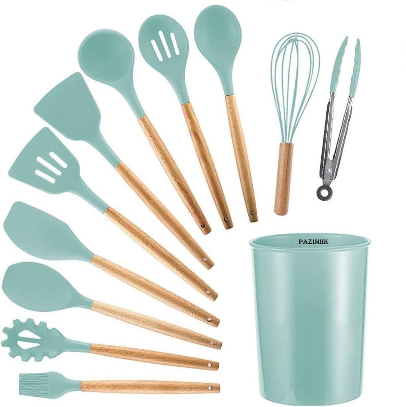 Foxelli Wooden Handle Cooking Tools 11 Pieces of Silicone Cooking Kitchen Utensils Set with Stand BPA Free NonToxic Turner Pliers Spatula Spoon Kitchen Gadget Suit for NonStick Cookware Gifts Green - Image 1