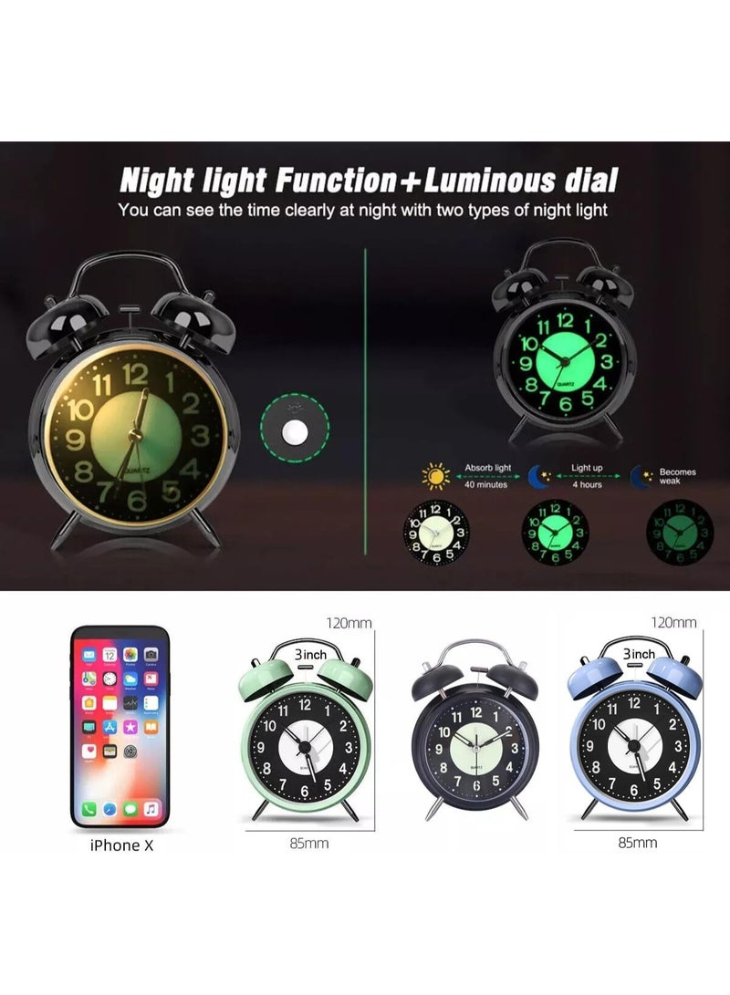 FAYET 4" Retro Analog Alarm Clock, Twin Bell Silent Non-Ticking, Battery Operated with Luminous Dial & Night Light, Loud Bedside Table Clock for Heavy Sleepers and Students - Image 2