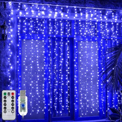 Litehom 300 LED Fairy Curtain String Lights – USB Powered Remote-Controlled Backdrop, Warm Ambience for Diwali, Navratri, Christmas & New Year Décor,(Blue) - Image 1