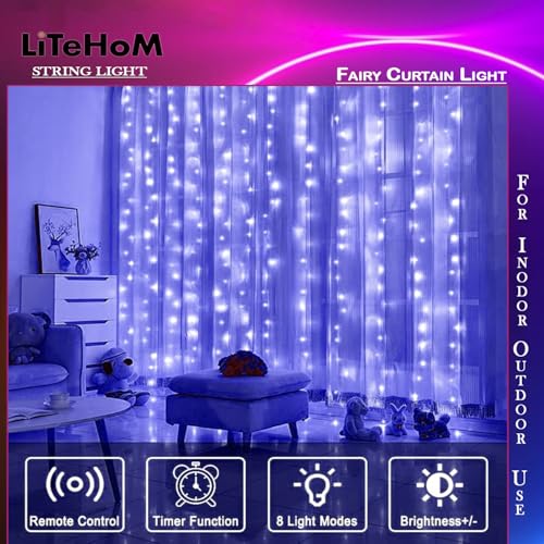 Litehom 300 LED Fairy Curtain String Lights – USB Powered Remote-Controlled Backdrop, Warm Ambience for Diwali, Navratri, Christmas & New Year Décor,(Blue) - Image 5
