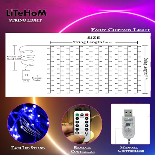 Litehom 300 LED Fairy Curtain String Lights – USB Powered Remote-Controlled Backdrop, Warm Ambience for Diwali, Navratri, Christmas & New Year Décor,(Blue) - Image 3
