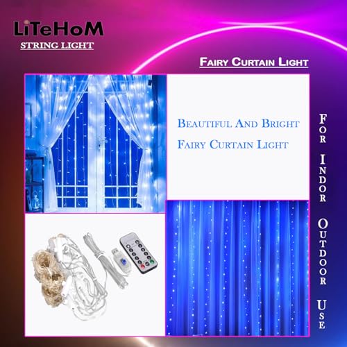 Litehom 300 LED Fairy Curtain String Lights – USB Powered Remote-Controlled Backdrop, Warm Ambience for Diwali, Navratri, Christmas & New Year Décor,(Blue) - Image 4