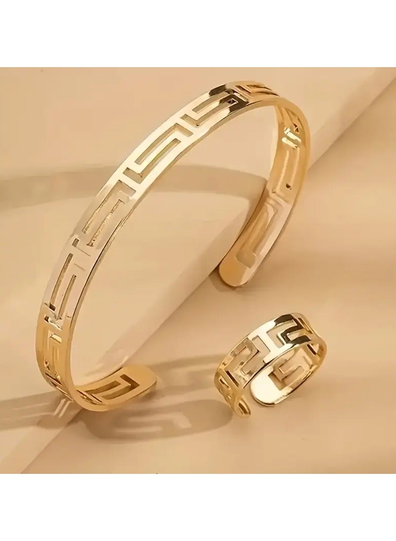 Goolsky Bangel Cuff And Ring As One Set Jewelry Accessary – Matching Cuff & Ring Set, Elegant Design, Formal/Daily Wear/Gifting, Anti-Tarnish Alloy - Image 1