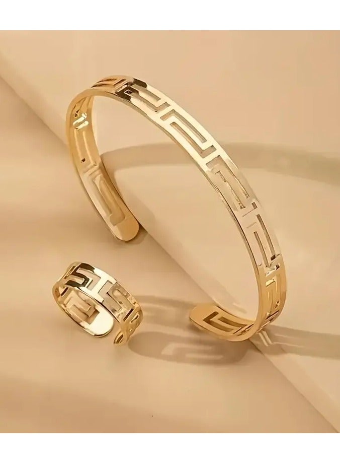 Goolsky Bangel Cuff And Ring As One Set Jewelry Accessary – Matching Cuff & Ring Set, Elegant Design, Formal/Daily Wear/Gifting, Anti-Tarnish Alloy - Image 2