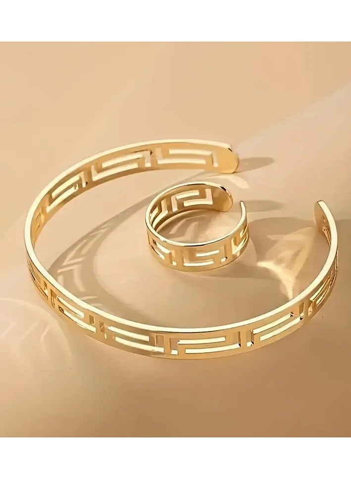 Goolsky Bangel Cuff And Ring As One Set Jewelry Accessary – Matching Cuff & Ring Set, Elegant Design, Formal/Daily Wear/Gifting, Anti-Tarnish Alloy - Image 3