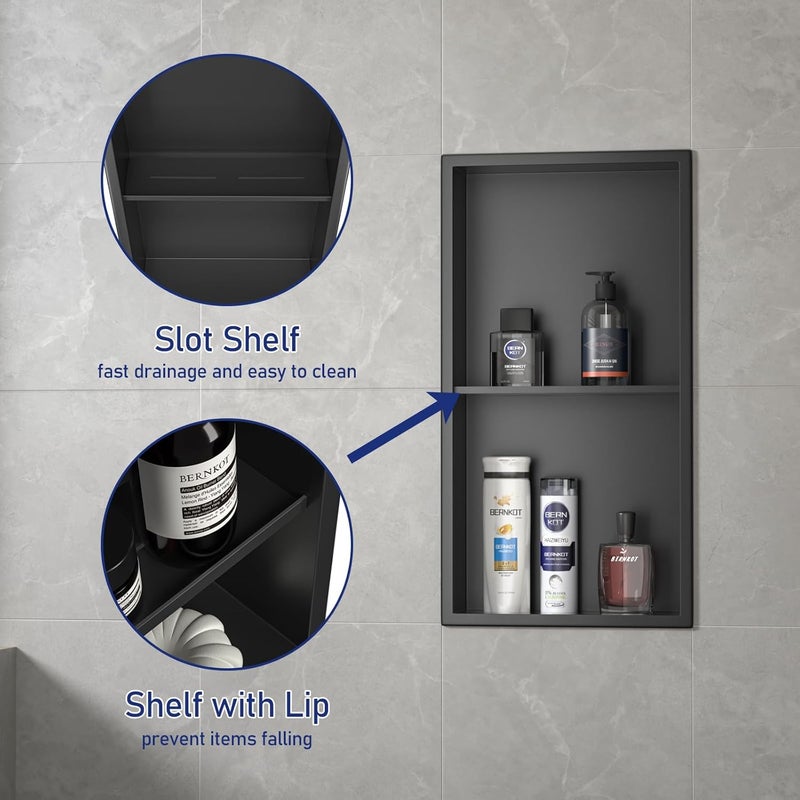 Bernkot Stainless Steel Shower Niche 24" X 12" Matte Black No Tile Needed Niche Shower with Double Shelves Recessed Wall Niches for Bathroom Space Saving Over Mount Installation - Image 4