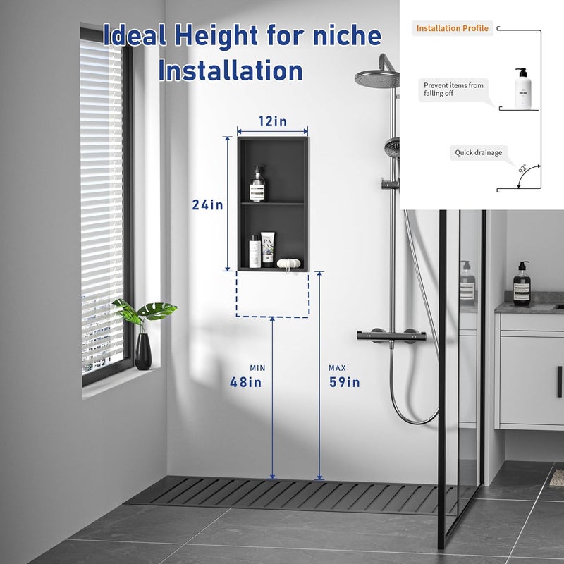 Bernkot Stainless Steel Shower Niche 24" X 12" Matte Black No Tile Needed Niche Shower with Double Shelves Recessed Wall Niches for Bathroom Space Saving Over Mount Installation - Image 3
