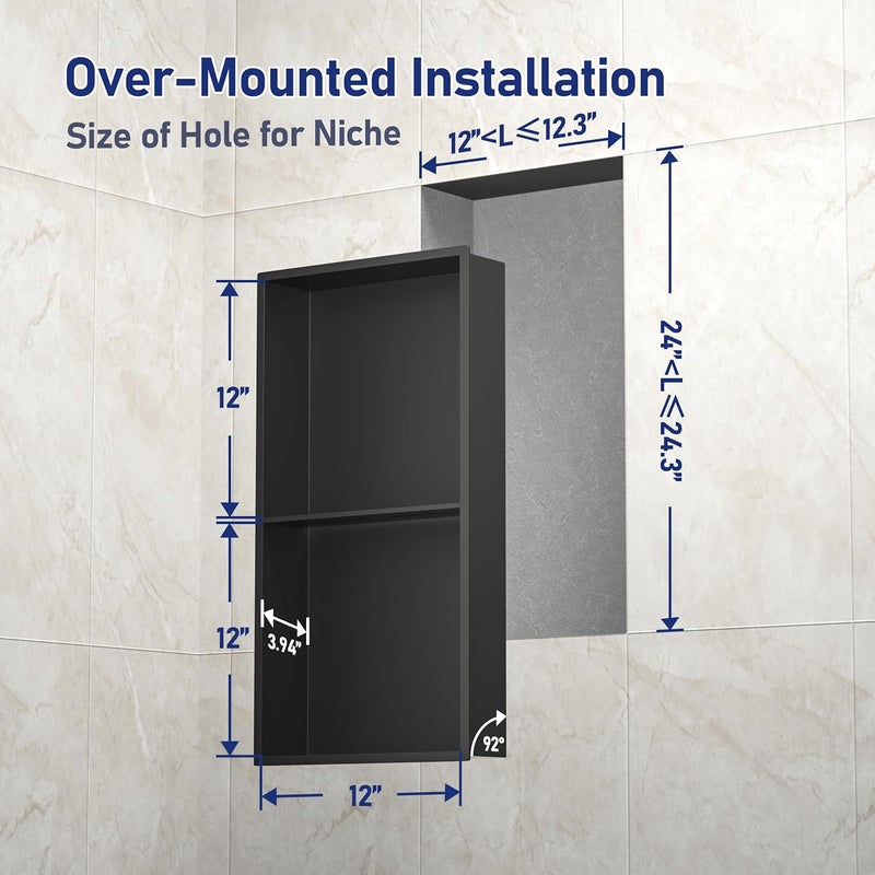 Bernkot Stainless Steel Shower Niche 24" X 12" Matte Black No Tile Needed Niche Shower with Double Shelves Recessed Wall Niches for Bathroom Space Saving Over Mount Installation - Image 2