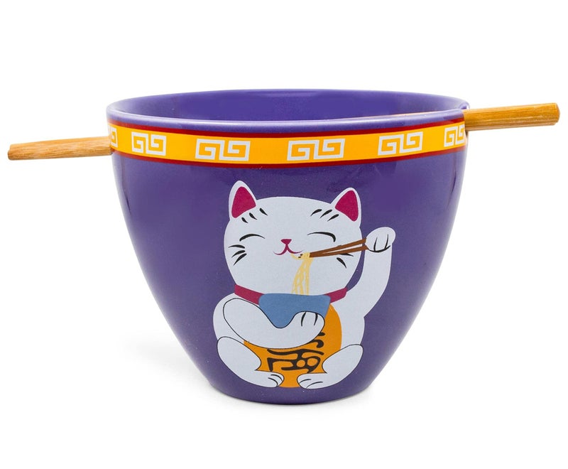 Boom Trendz Bowl Bop Purple Lucky Cat Japanese Ceramic Dinnerware Set Includes 16Ounce Ramen and Wooden Chopsticks Asian Food Dish for Home Kitchen Kawaii Anime Gifts Maneki Neko Collectible