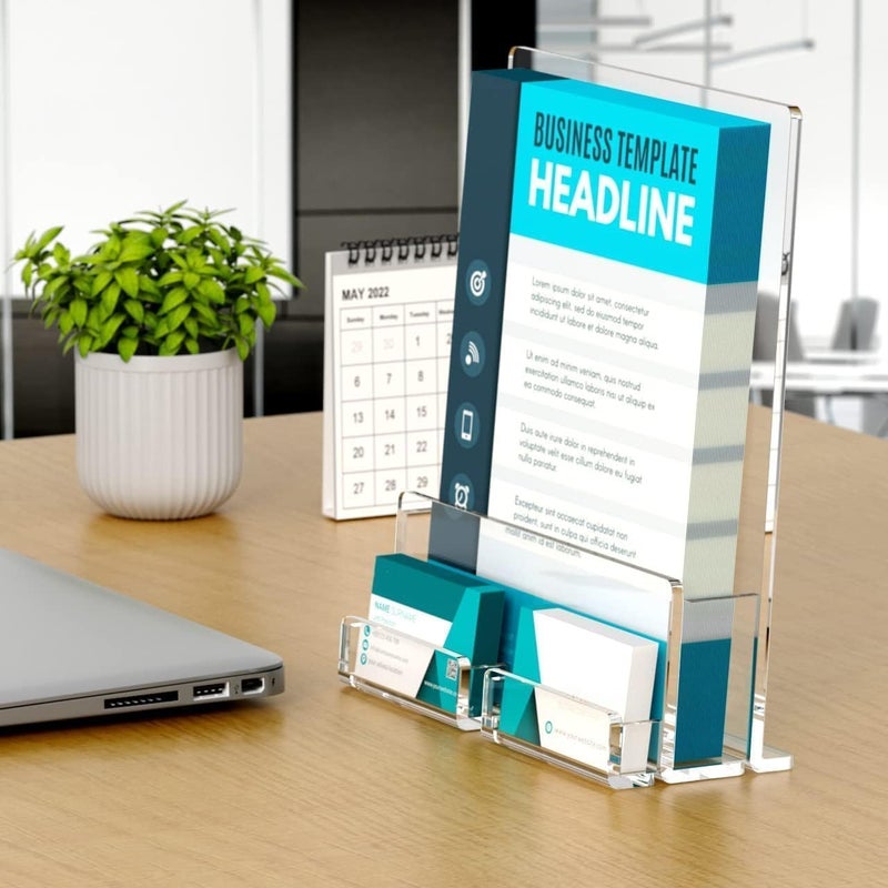 Al Raied ARS A5 Leaflet Holder with Business Card Holder, Crystal Clear Acrylic Brochure Holder 2 Pack - Image 2