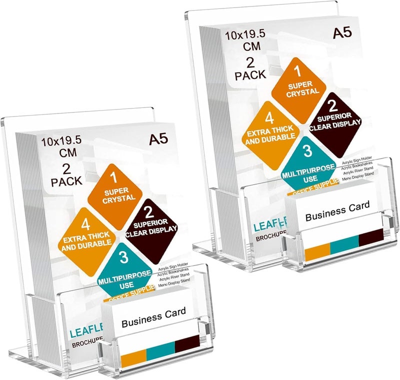 Al Raied ARS A5 Leaflet Holder with Business Card Holder, Crystal Clear Acrylic Brochure Holder 2 Pack - Image 1