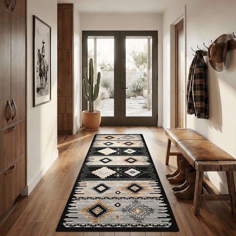 Beige Gray Tribal Runner Rug 23.6x70.8 Inch Low Pile Washable Entryway Hallway Kitchen Bedroom Balcony Laundry Room - Image 1
