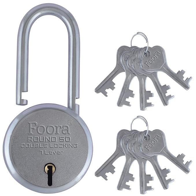 Foora Round 50Mm Keypad Lock | Long Shackle | Home Metal Body | Double Locking | 7 Steel Lever | 10 Silver Keys with Keychain | Silver Finsih | Made in India | Export in USA | Canada - Image 5