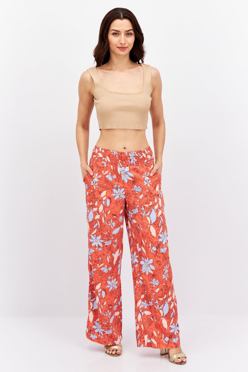 ESPRIT Women Wide Leg Floral Print Palazzo Pants, Peach Combo - Image 4