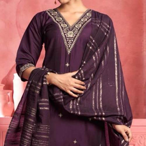 LookMark Women's Pure Cotton Straight Kurta Pant Dupatta Set with Elegant Embroidery - Perfect for Every Occasion (AZ-LM-OG-KS2107-L) Purple - Image 2