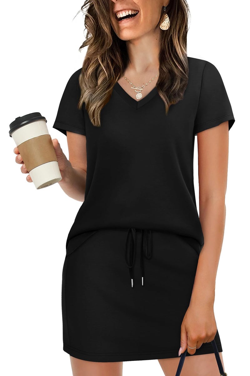 NIASHOT Lounge Sets for Women Casual Summer Short Sets for Women 2026 Comfy Fashion Clothing Cute School Outfits for Teachers Spring Two Piece Tennis Skirts Skorts Loungewear Black XL - Image 1