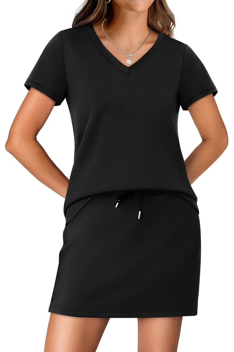 NIASHOT Lounge Sets for Women Casual Summer Short Sets for Women 2026 Comfy Fashion Clothing Cute School Outfits for Teachers Spring Two Piece Tennis Skirts Skorts Loungewear Black XL - Image 2
