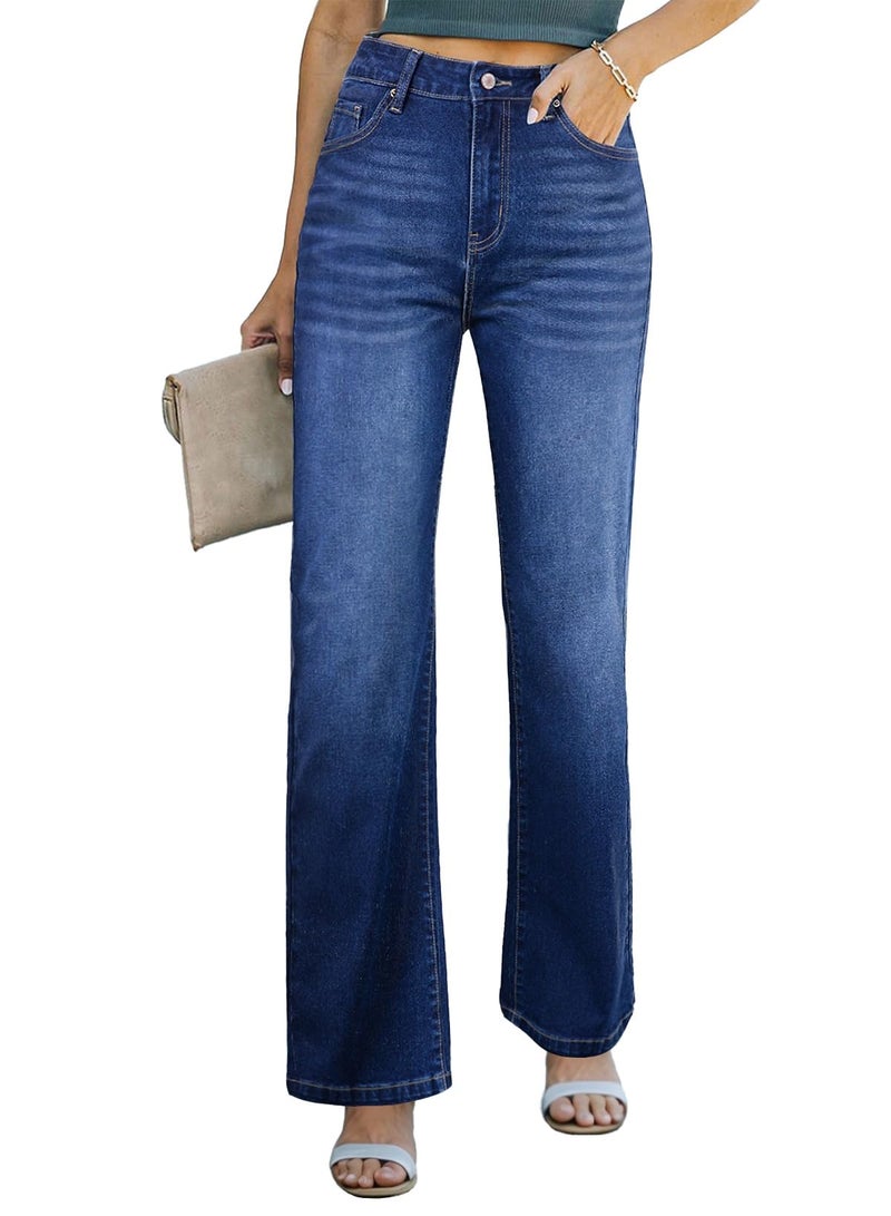 Sidefeel Women's Wide Leg Jeans Straight Stretchy Casual High Waisted Denim Pants with Pockets Sky Blue Size 4 - Image 1