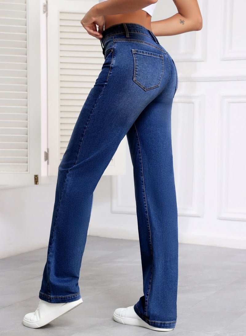 Sidefeel Women's Wide Leg Jeans Straight Stretchy Casual High Waisted Denim Pants with Pockets Sky Blue Size 4 - Image 3