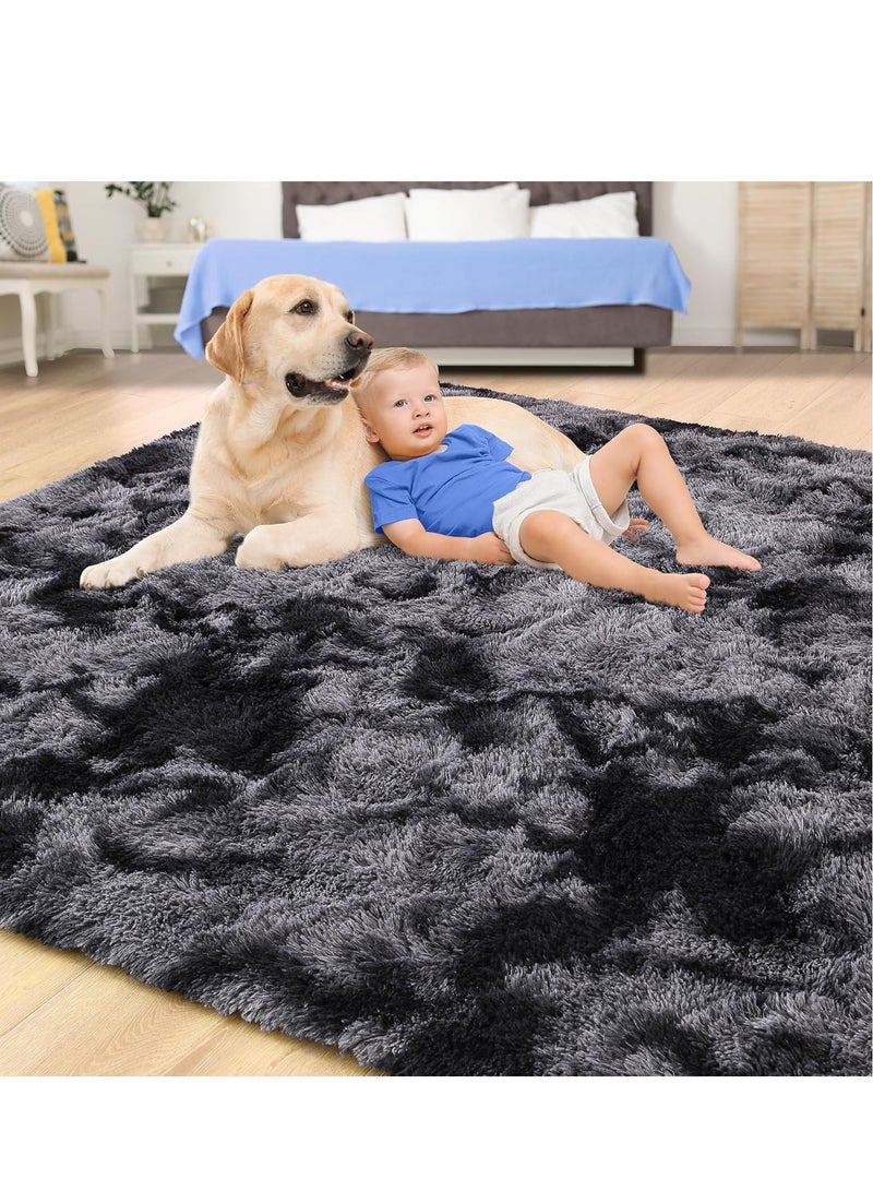 Shag Area Rug For Living Room, Tie-Dyed Light Grey Soft Fuzzy Plush Indoor Carpets For Bedroom, Non Skid Fluffy Faux Fur Rug For Room(160*200cm Dark Gray) - Image 2