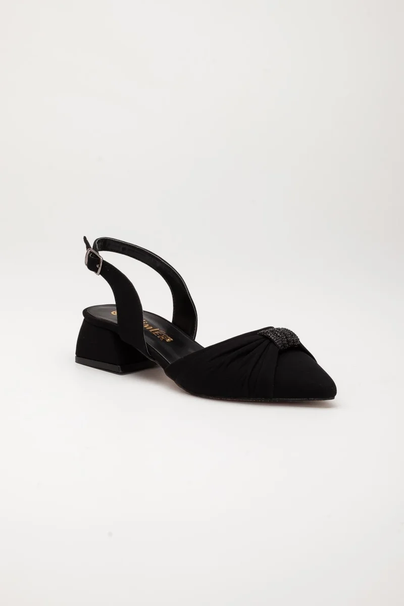 Dilimler Ayakkabı Satin Slit Belly Model Bow Stone Black Women's Heeled Evening Dress Shoes