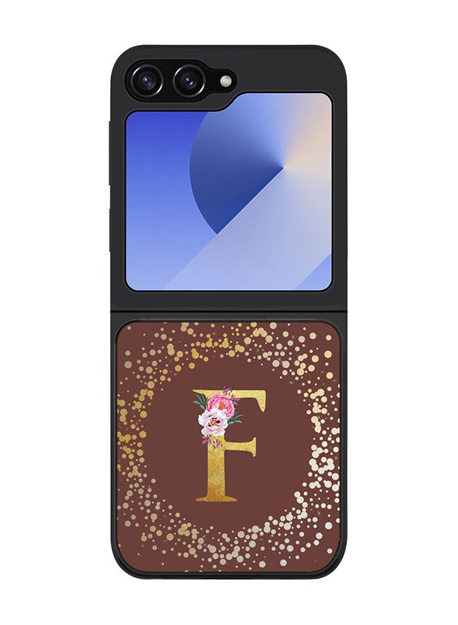 Stylizedd Rugged Black edge case for Samsung Galaxy Z Flip6, Slim fit Case Flexible Cover - Custom Monogram Initial Letter Floral Pattern Alphabet - F (Brown ) - Image 1