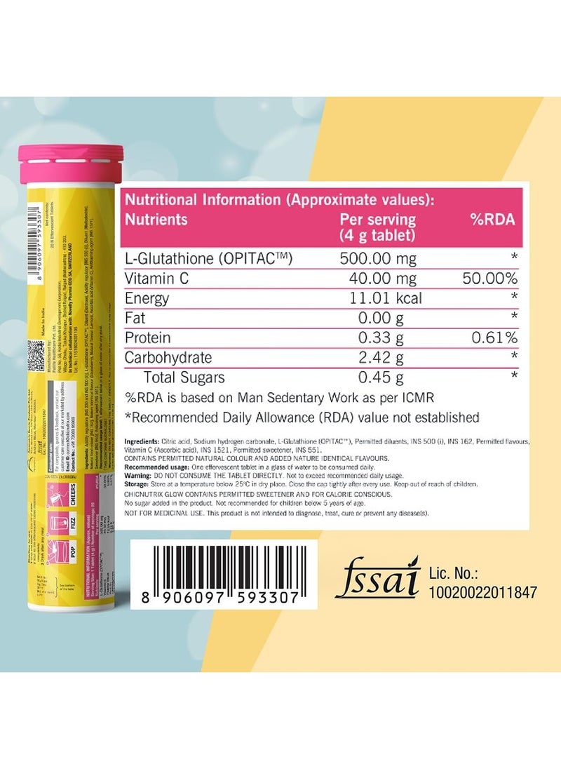CHICNUTRIX - Glow 500mg Japanese Glutathione And Vit C for Brighter Skin 60 Effervescent Tablets Strawberry Lemon Flavour - Image 1