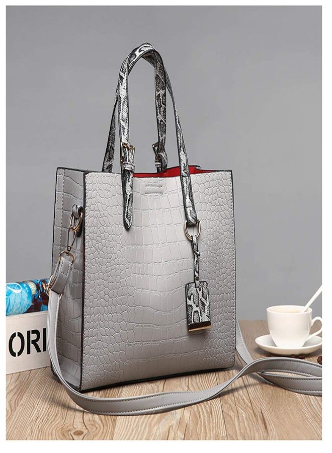 AlwaySky Women Fashion Crocodile Pattern Handbag Snakeskin Top Handle Tote Purse Shoulder Crossbody Bag, Gray - Image 3