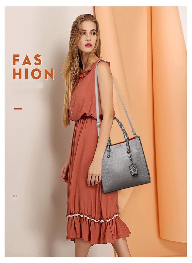 AlwaySky Women Fashion Crocodile Pattern Handbag Snakeskin Top Handle Tote Purse Shoulder Crossbody Bag, Gray - Image 2