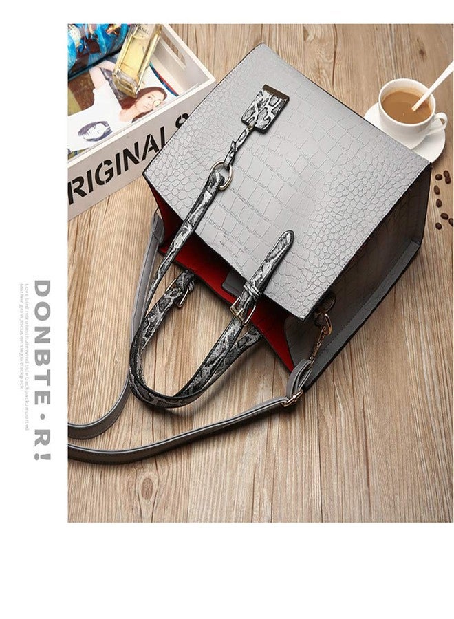 AlwaySky Women Fashion Crocodile Pattern Handbag Snakeskin Top Handle Tote Purse Shoulder Crossbody Bag, Gray - Image 4