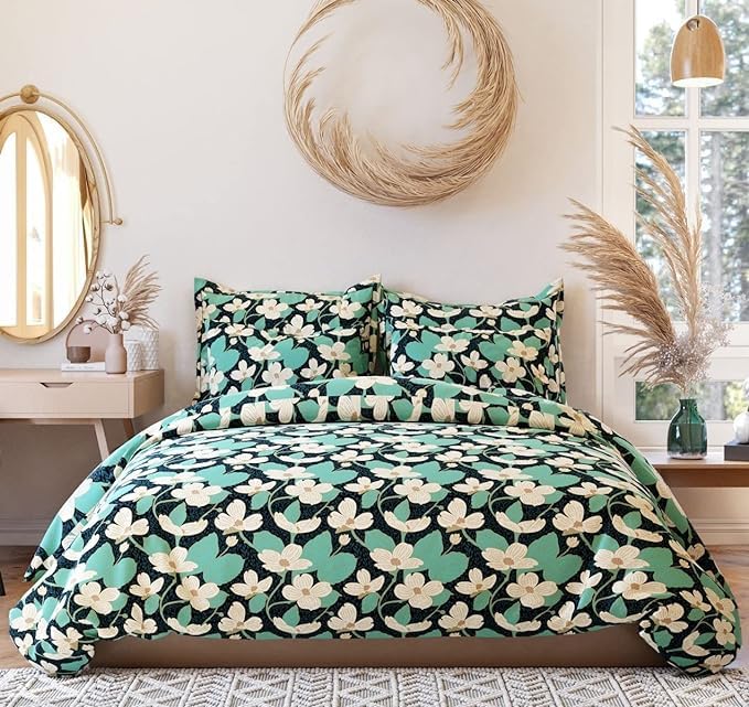 TIB Glace Cotton King Size Bedsheet with 2 Pillow CoversBedsheet for Double Bed90X100 Inches 140 GSM Flower Green Pack of 3 - Image 1