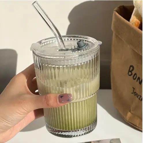 WEZOSHINET 450ml Drink Coffee Glass Cup with Lid and Straw Transparent Bubble Tea Cup Juice Glass Milk Mocha Cup Breakfast Mug Pack of 1 - Image 2