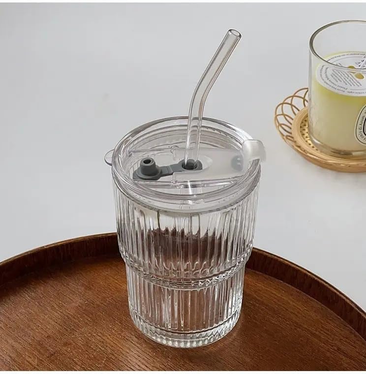 WEZOSHINET 450ml Drink Coffee Glass Cup with Lid and Straw Transparent Bubble Tea Cup Juice Glass Milk Mocha Cup Breakfast Mug Pack of 1 - Image 5
