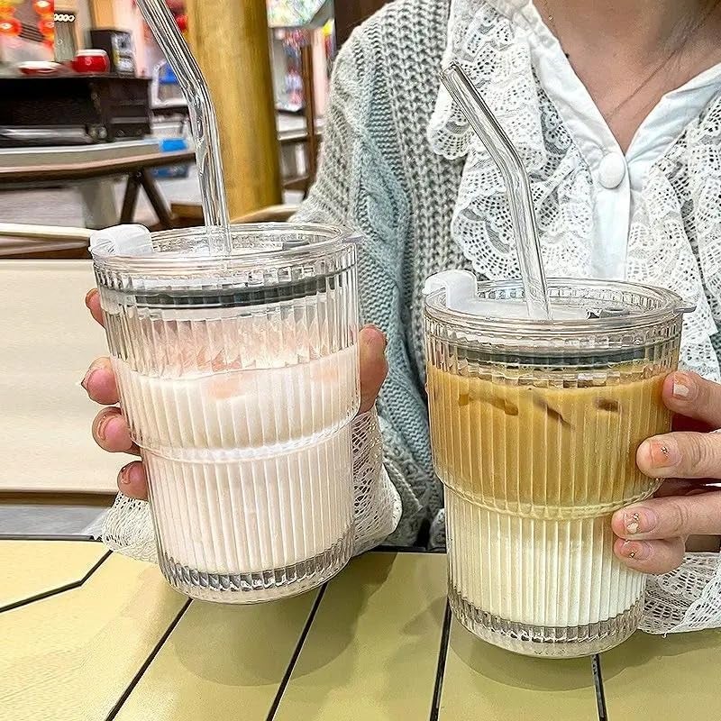 WEZOSHINET 450ml Drink Coffee Glass Cup with Lid and Straw Transparent Bubble Tea Cup Juice Glass Milk Mocha Cup Breakfast Mug Pack of 1 - Image 3