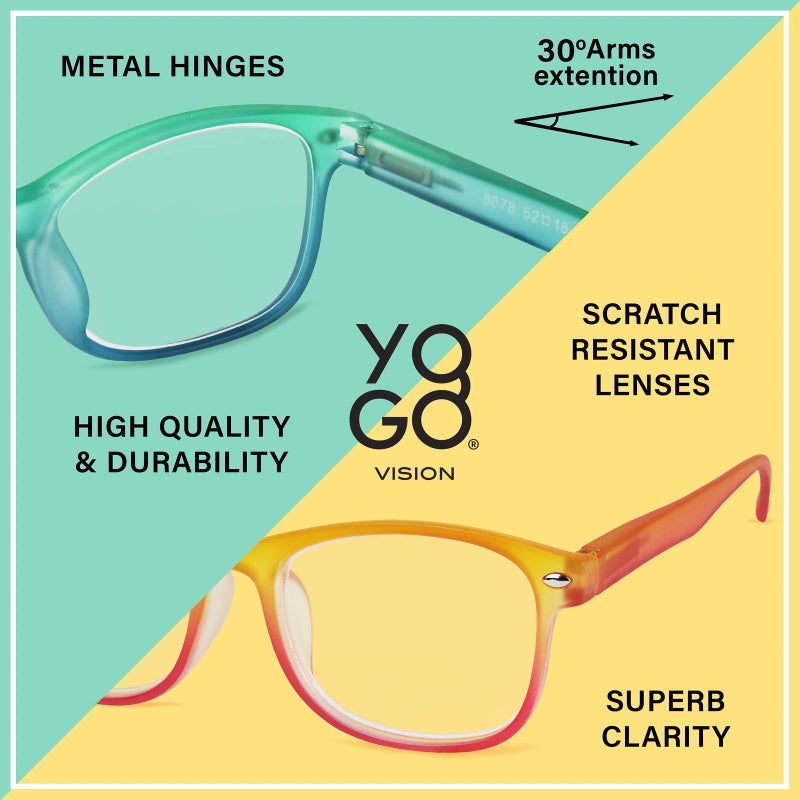 Yogo Vision نظارات القراءة يوغو فيجن بلو لايت للرجال والنساء بدرجتين من القراء المستطيلين هافانا 5 عبوات: أصفر برتقالي أحمر مخضر أزرق أرجواني وردي أصفر برتقالي أخضر أزرق أرجواني 1.75 - Image 4