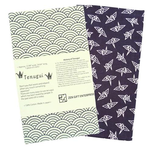 ZEN GIFT ENTERPRISE Tenugui Traditional Towel Made in Japan Fray Prevention 100% Cotton Eco Friendly Kitchen Towels Gift Wrapping Orizuru Pattern White on Navy Blue Set of 2 12.99"x34.64" - Image 1