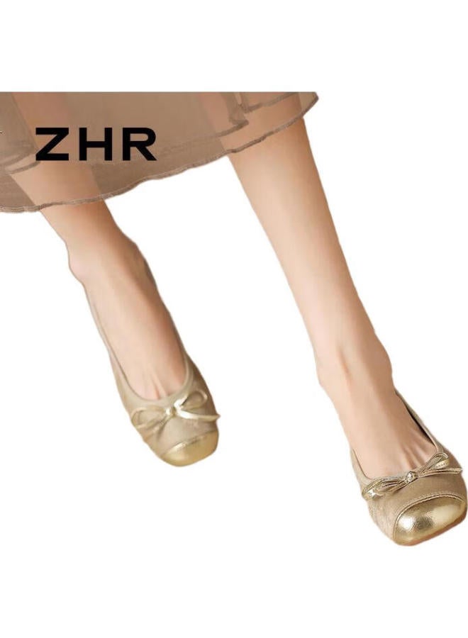 ZHR Women'S Single Shoes Small Fragrance Style Butterfly Knot Flat Shoes Elegant Round Toe Soft Bottom Women'S Shoes Bk116 Champagne 37 - Image 1