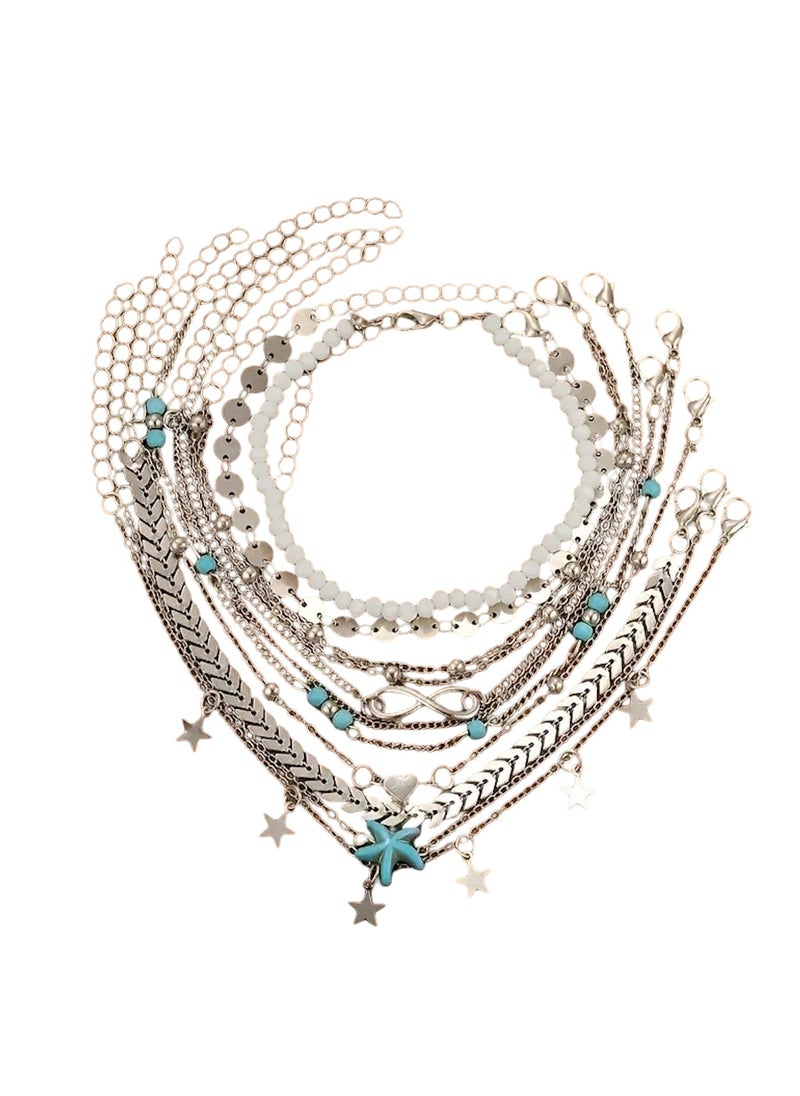 Huitich 11-Piece Silver Starfish Anklet Set – Beach-Inspired Foot Jewelry for Women  - Image 1