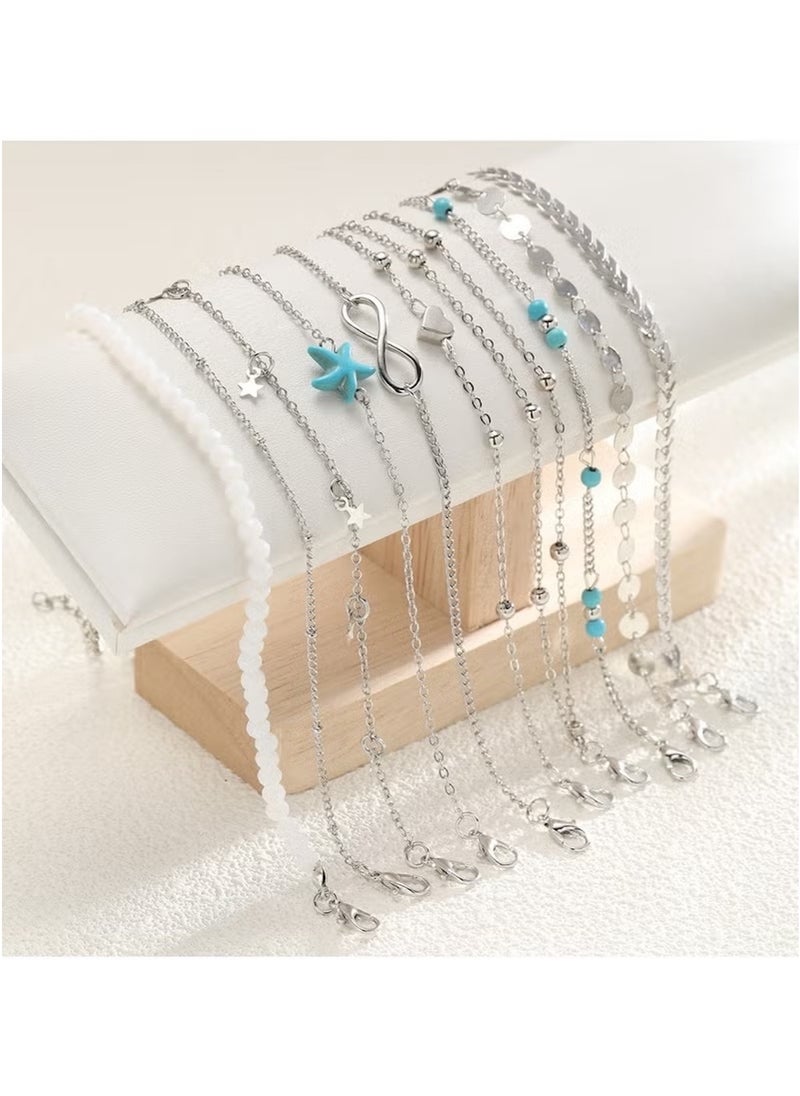 Huitich 11-Piece Silver Starfish Anklet Set – Beach-Inspired Foot Jewelry for Women  - Image 4