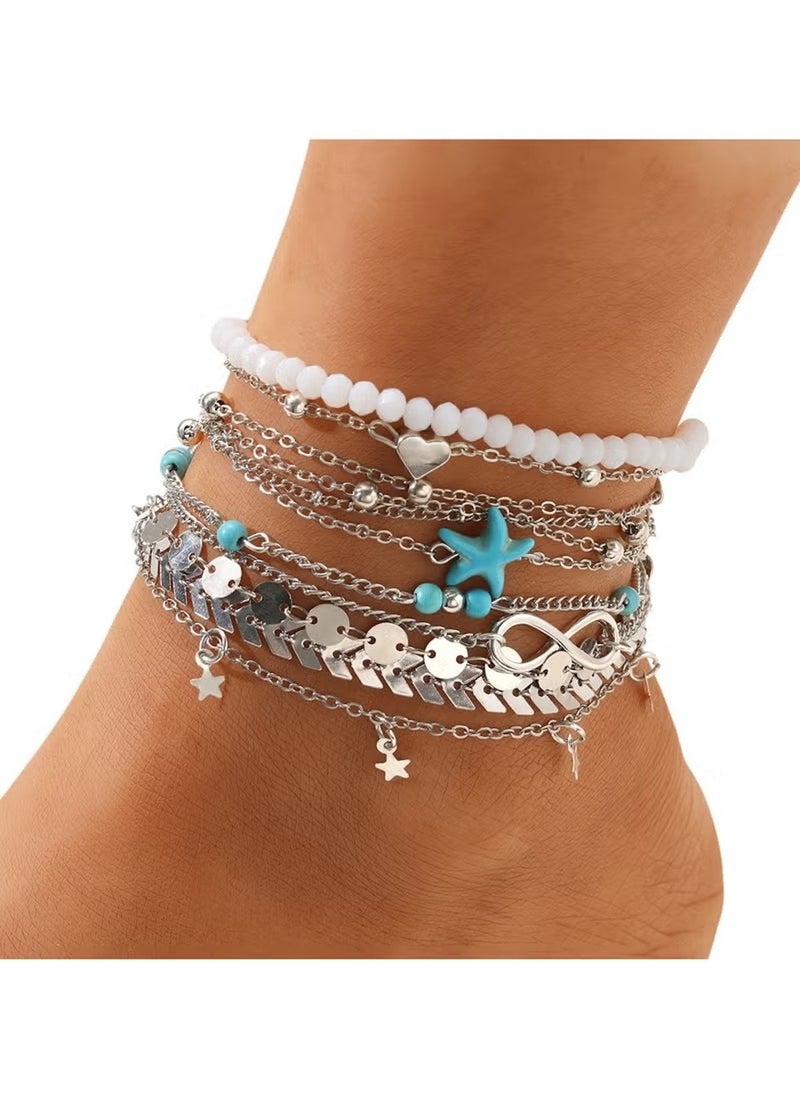 Huitich 11-Piece Silver Starfish Anklet Set – Beach-Inspired Foot Jewelry for Women  - Image 2
