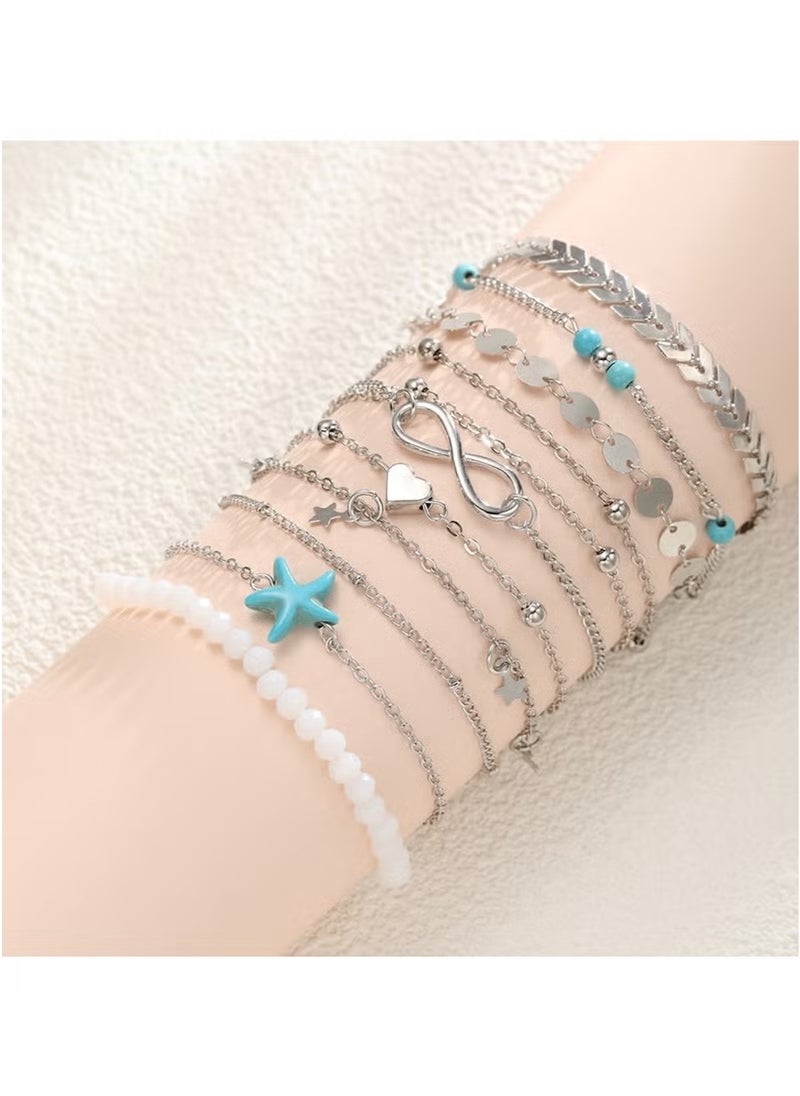 Huitich 11-Piece Silver Starfish Anklet Set – Beach-Inspired Foot Jewelry for Women  - Image 5